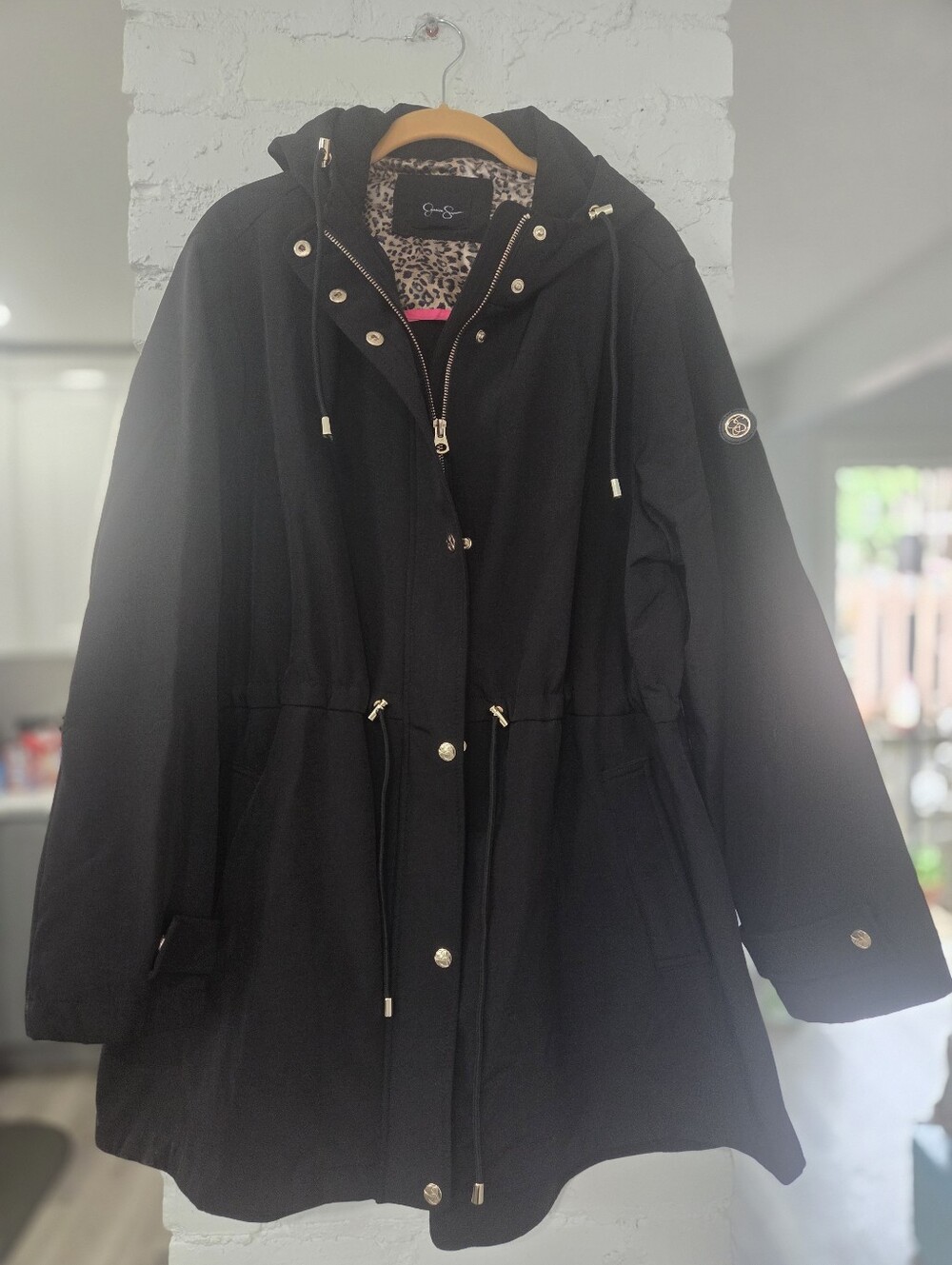 Jessica Simpson Black Utility Hooded Jacket Ruffle Back Leopard Inside Trim - XL